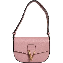 Pink Grainy Calf Leather Logo Crossbody Shoulder Bag