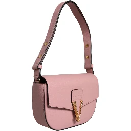 Pink Grainy Calf Leather Logo Crossbody Shoulder Bag