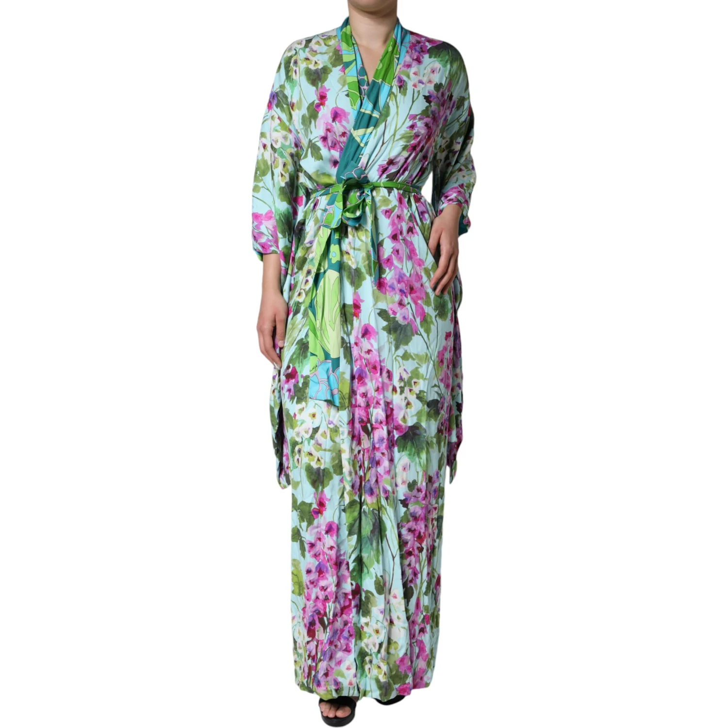Multicolor Floral Silk Stretch Wrap Dress