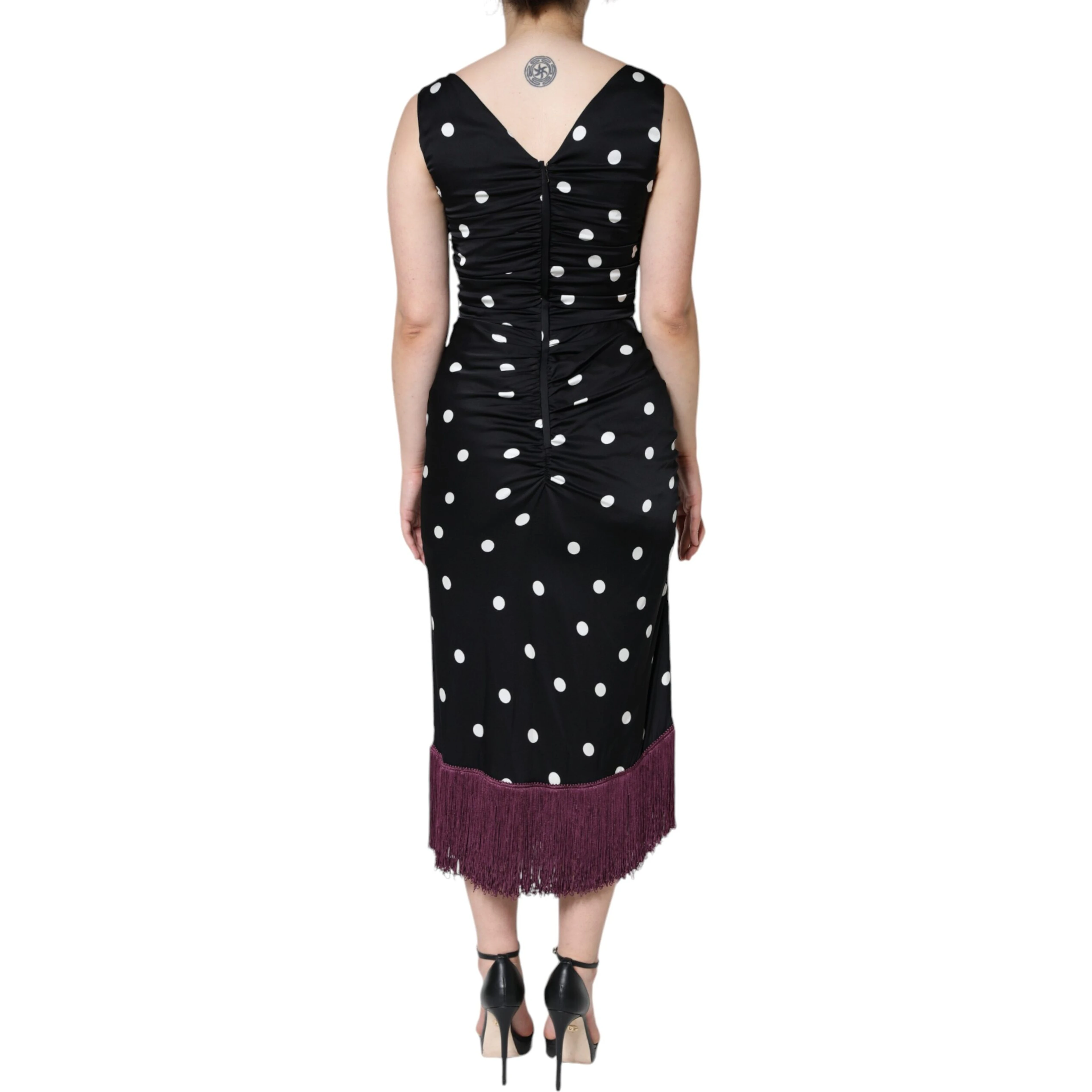 Black Silk Polka Dot V-neck Tassel Midi Dress