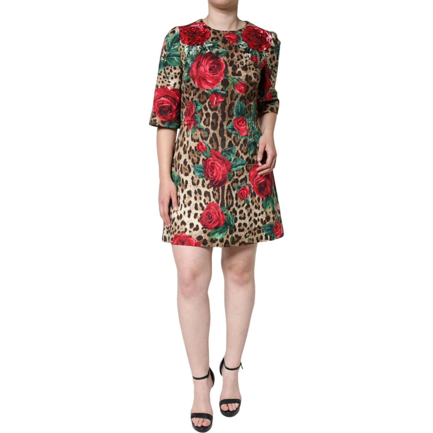 Brown Leopard Red Roses Cotton A-line Dress