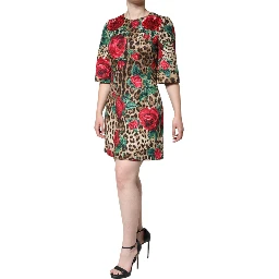Brown Leopard Red Roses Cotton A-line Dress