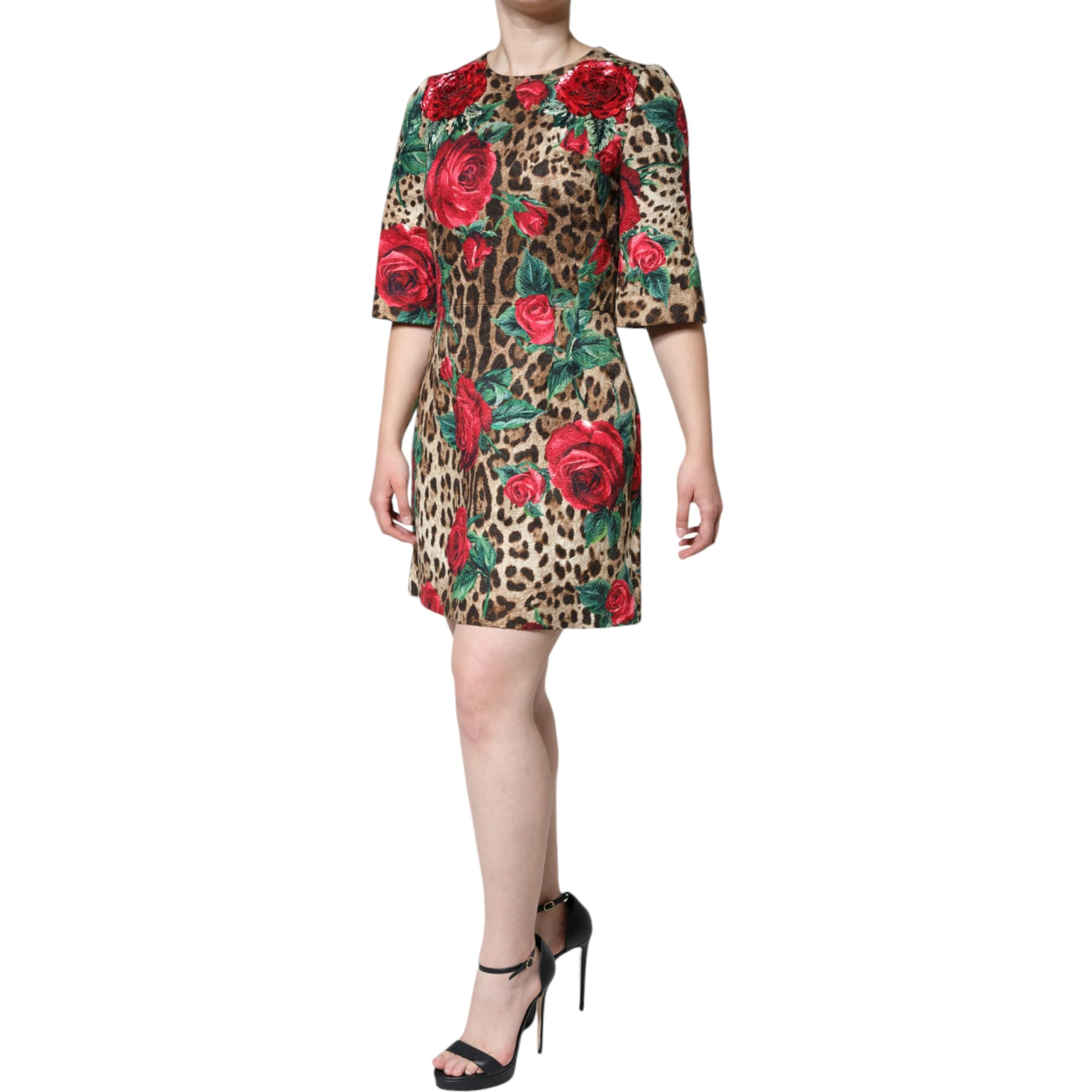 Brown Leopard Red Roses Cotton A-line Dress