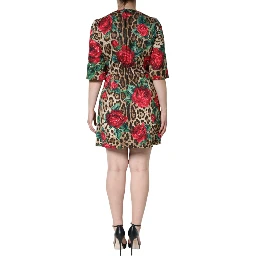 Brown Leopard Red Roses Cotton A-line Dress