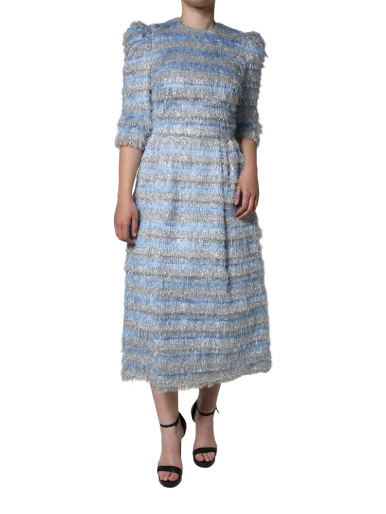 Light Blue Silver Jacquard A-line Midi Dress