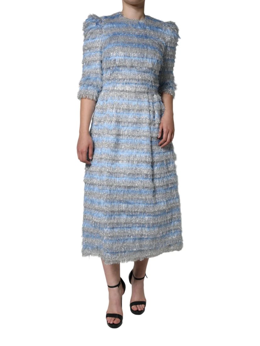 Light Blue Silver Jacquard A-line Midi Dress