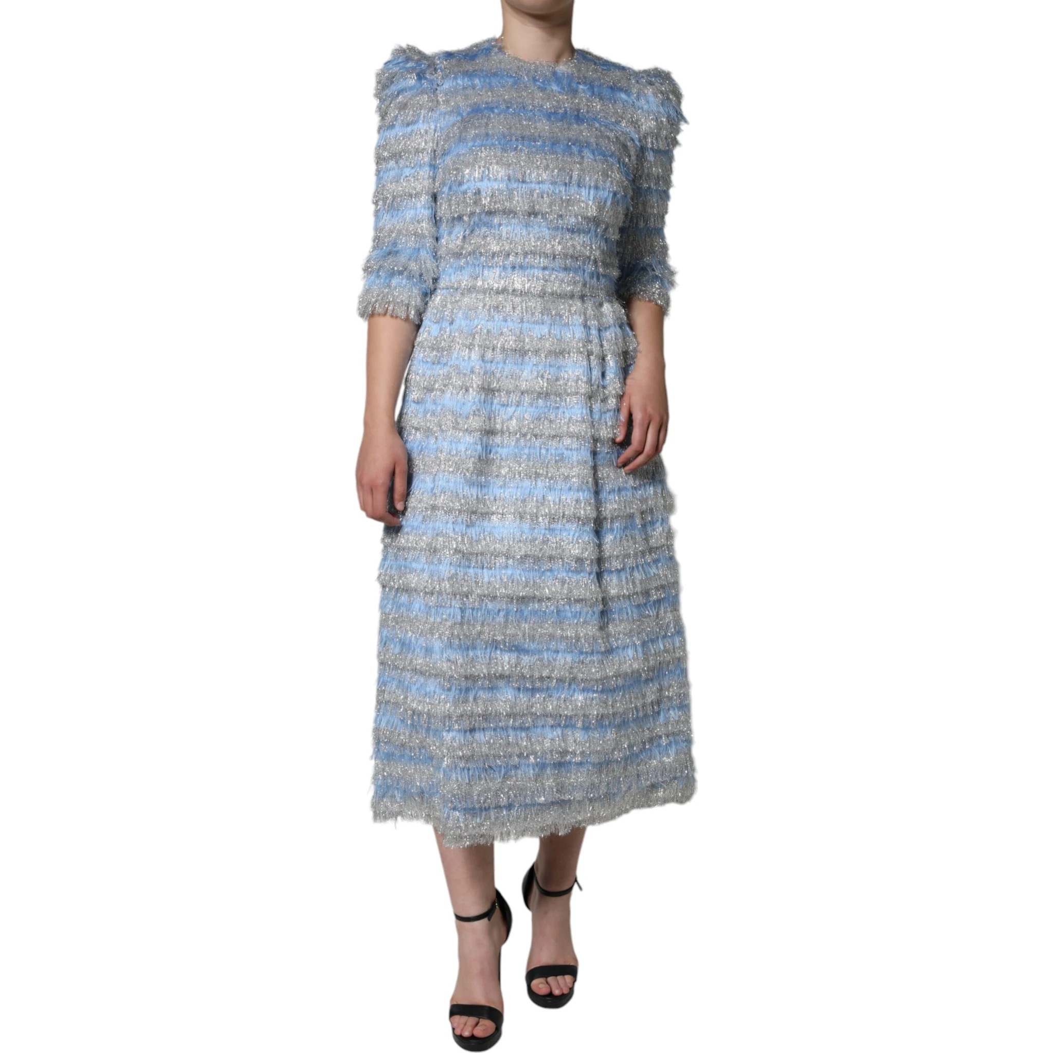 Light Blue Silver Jacquard A-line Midi Dress