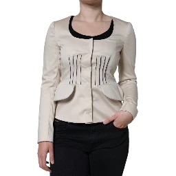 Beige Cotton Long Sleeves Round Neck Blazer Jacket
