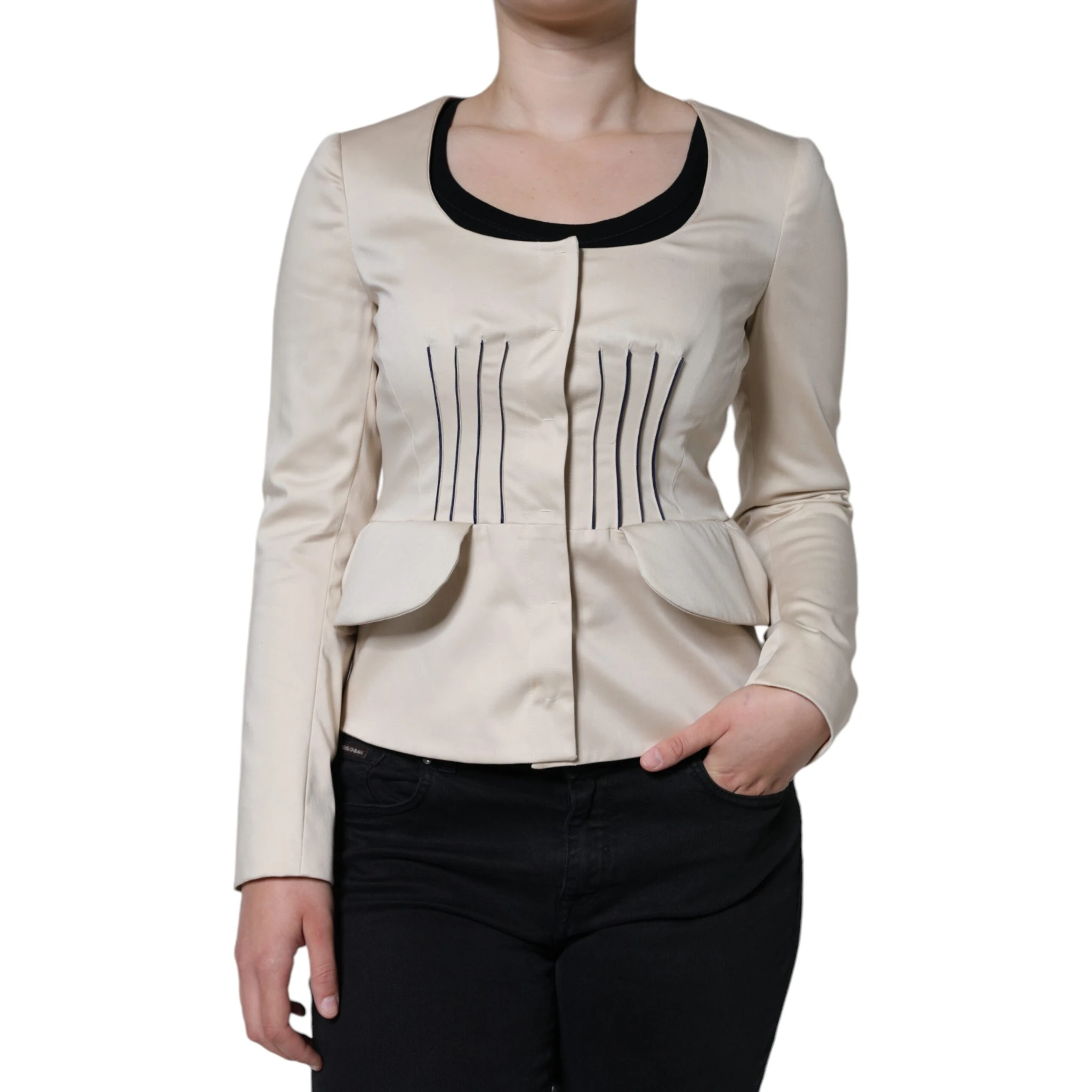 Beige Cotton Long Sleeves Round Neck Blazer Jacket