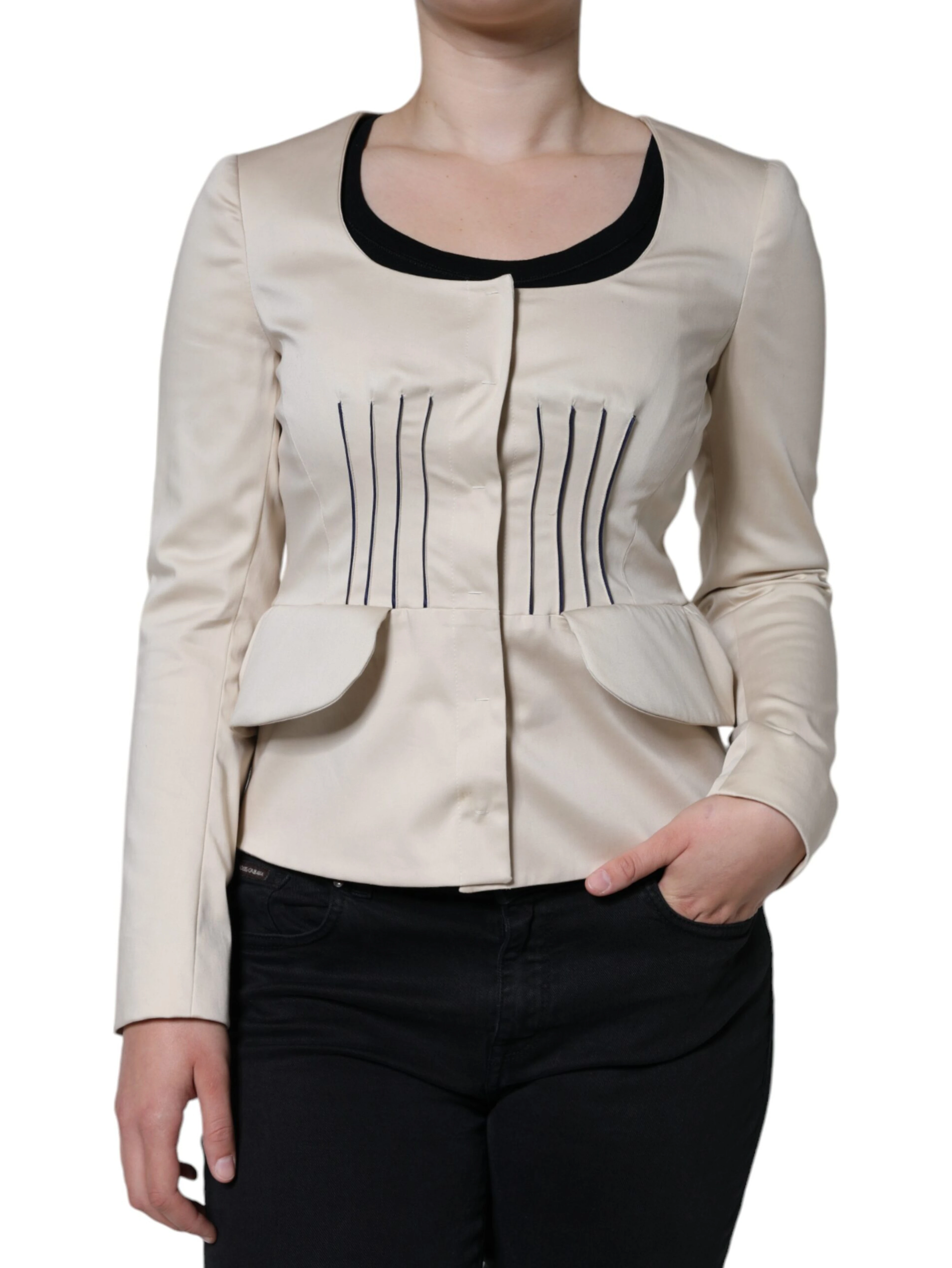 Beige Cotton Long Sleeves Round Neck Blazer Jacket