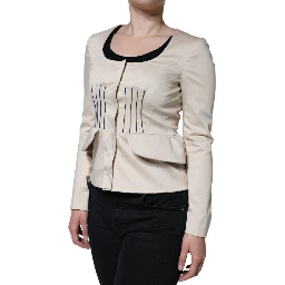 Beige Cotton Long Sleeves Round Neck Blazer Jacket