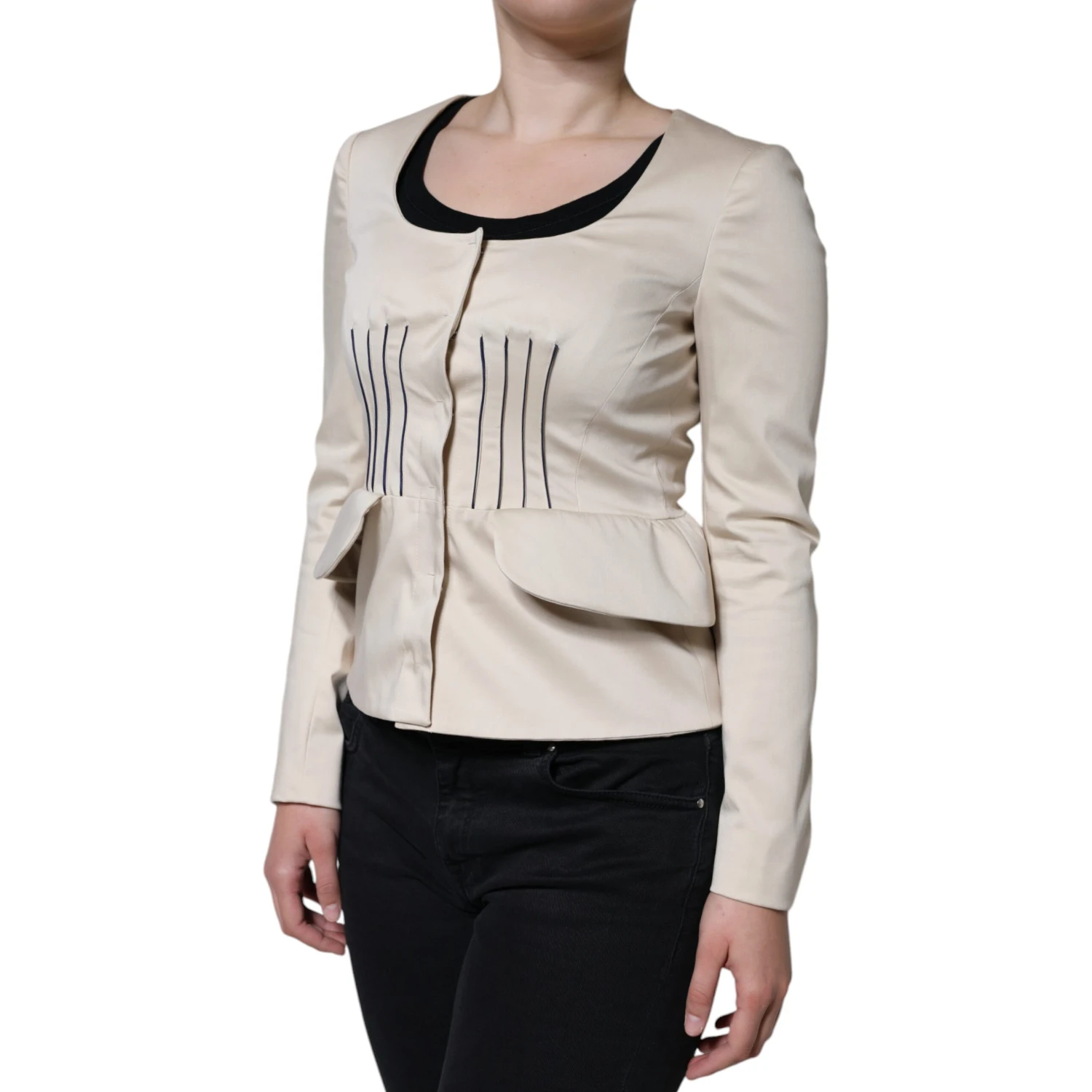 Beige Cotton Long Sleeves Round Neck Blazer Jacket
