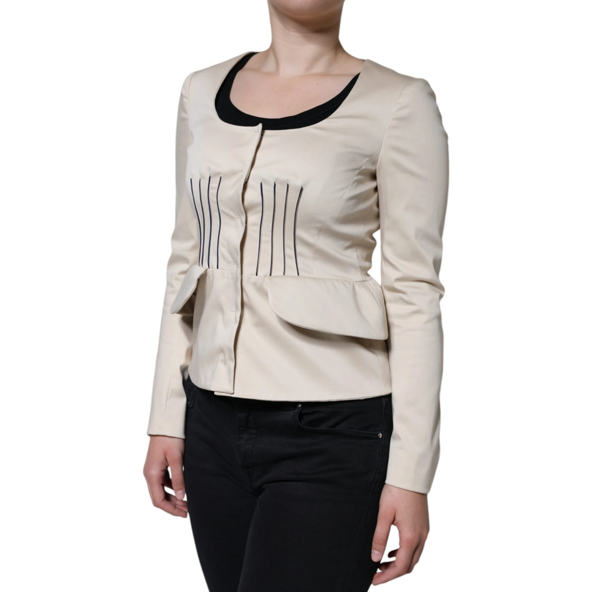 Beige Cotton Long Sleeves Round Neck Blazer Jacket