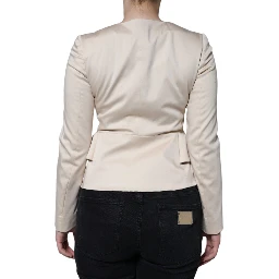Beige Cotton Long Sleeves Round Neck Blazer Jacket