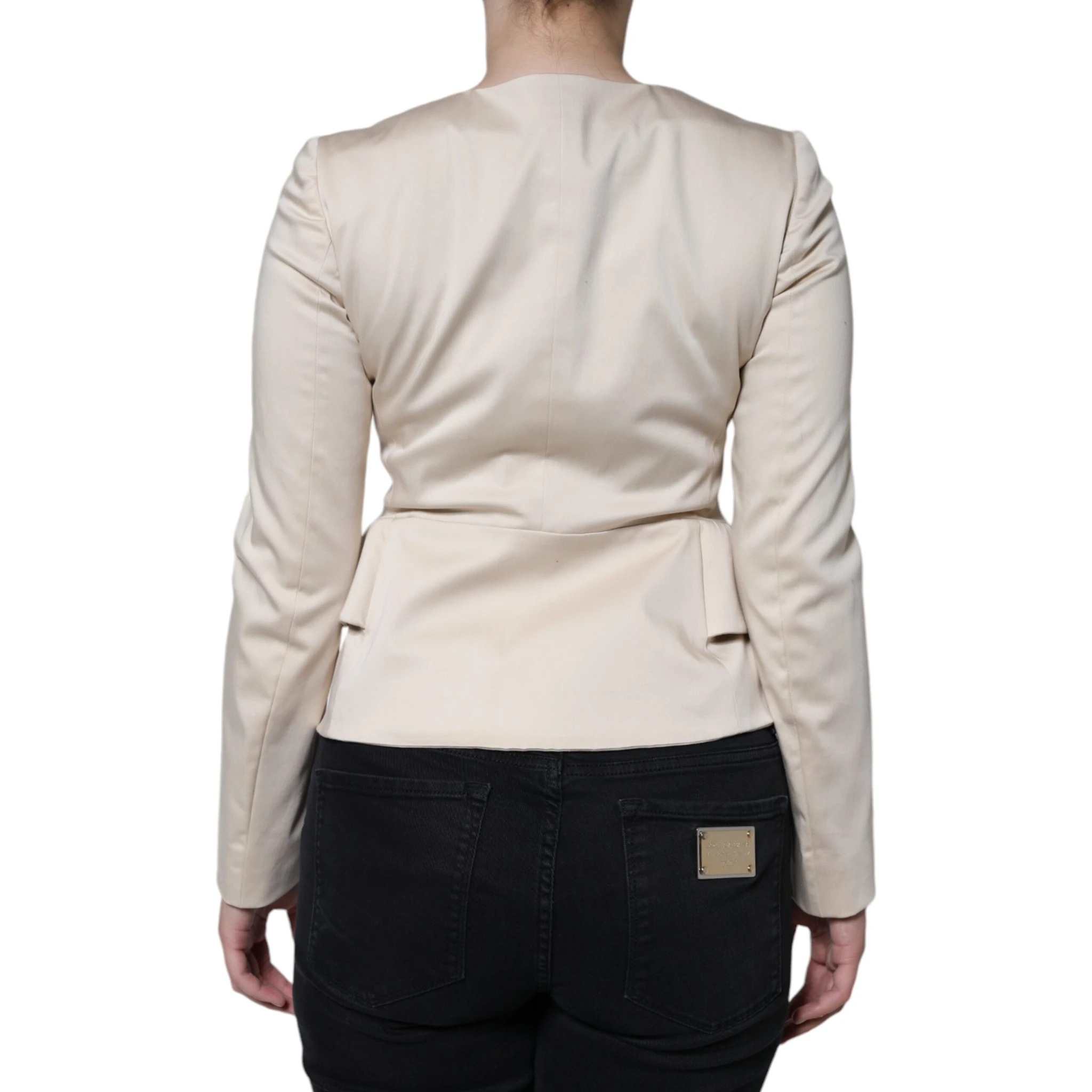 Beige Cotton Long Sleeves Round Neck Blazer Jacket