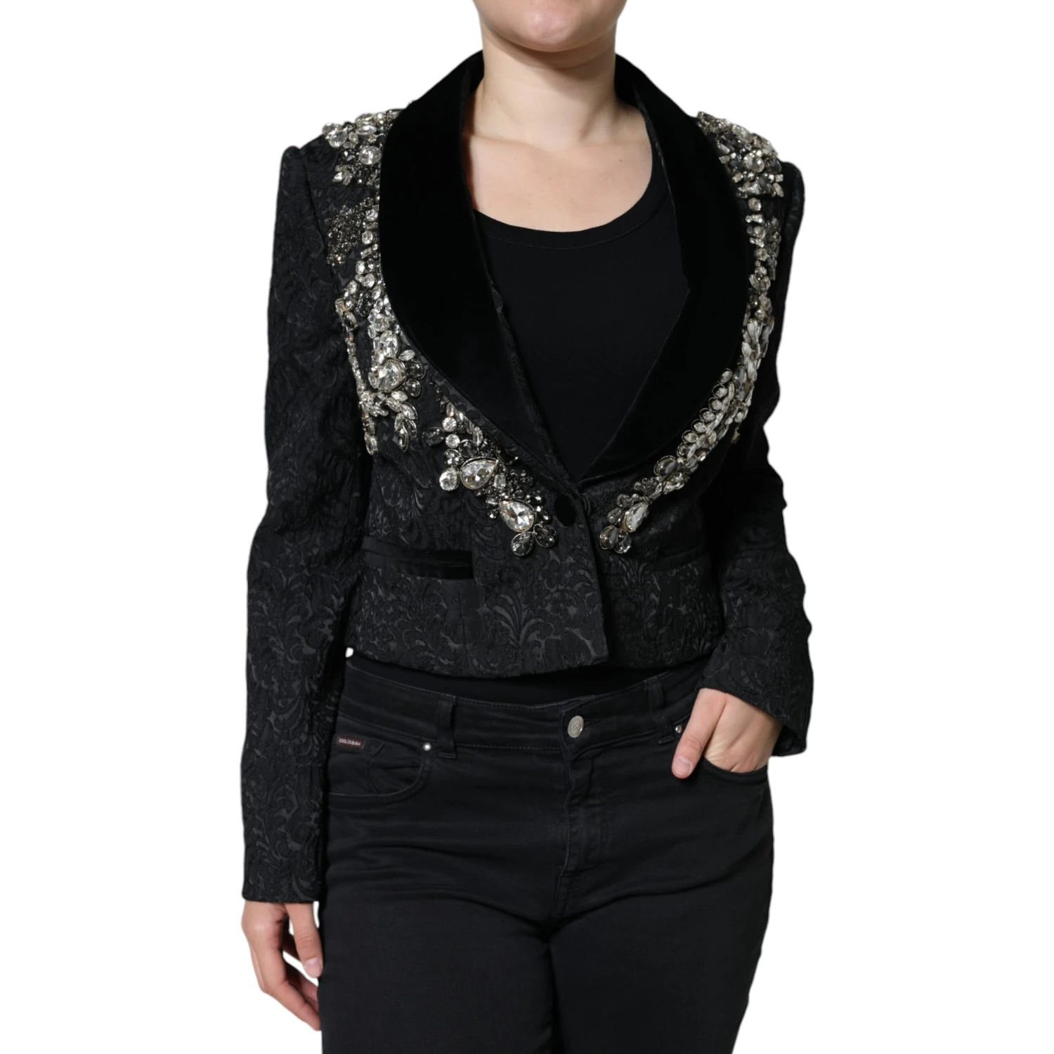 Black Jacquard Crystal Floral Jacket Blazer