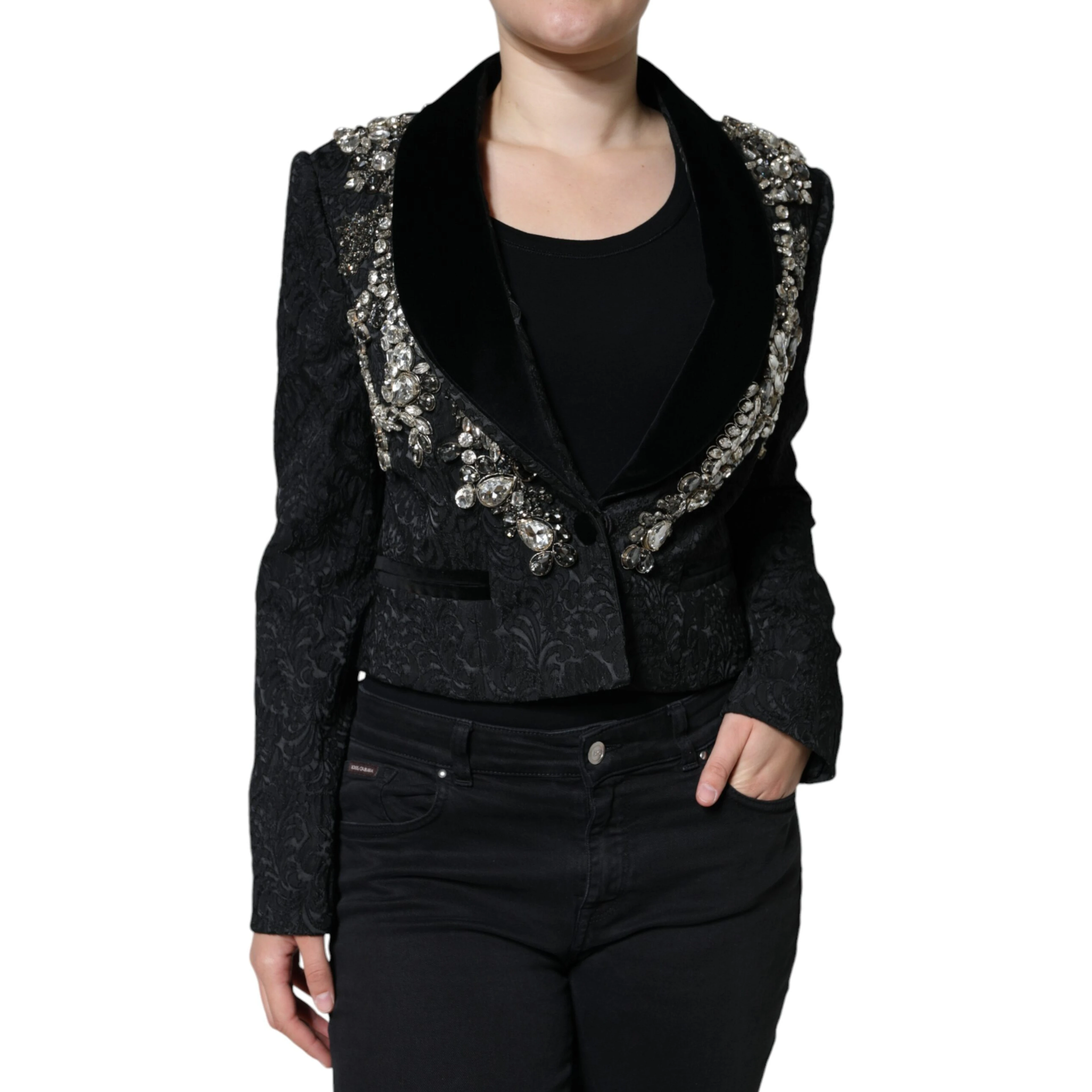 Black Jacquard Crystal Floral Jacket Blazer