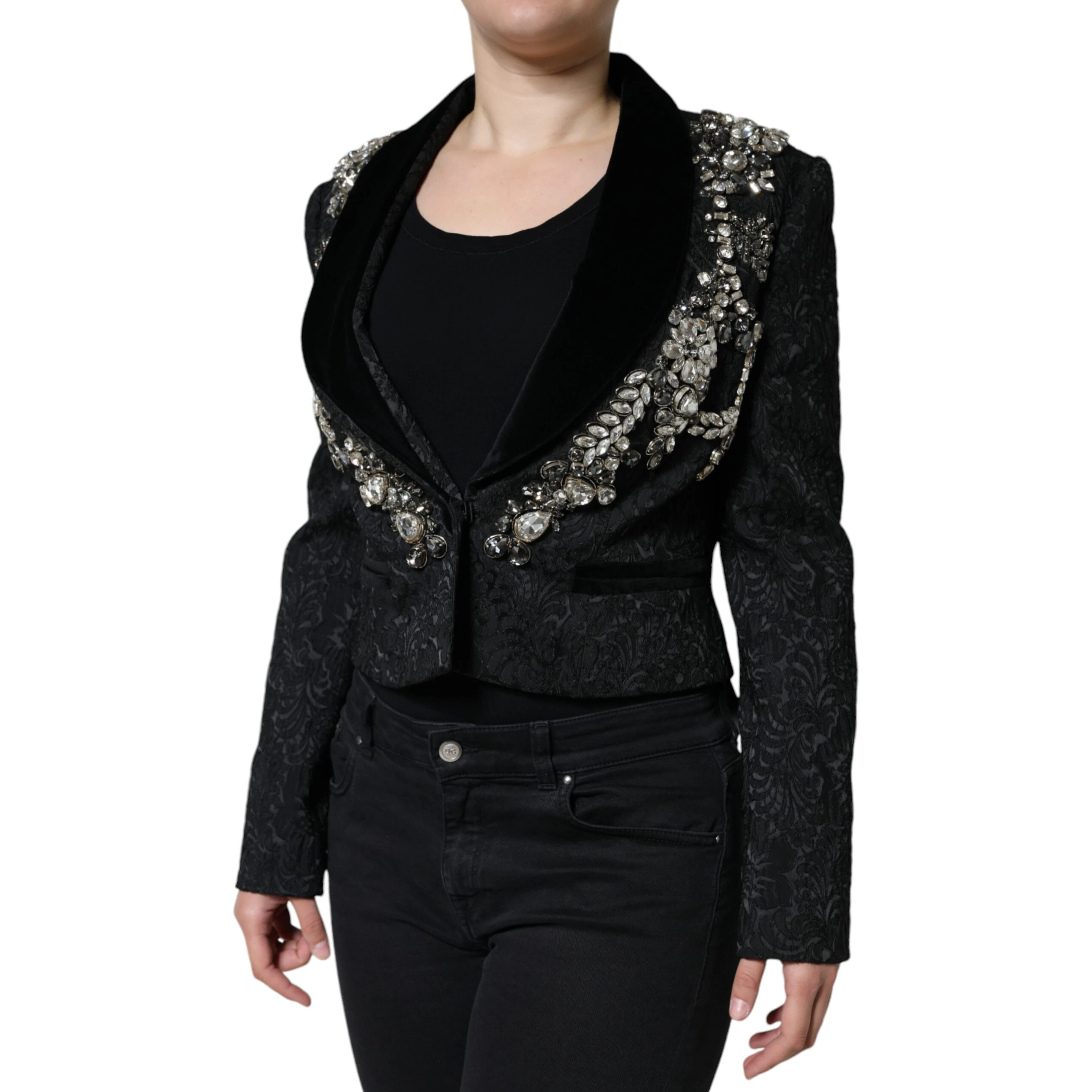 Black Jacquard Crystal Floral Jacket Blazer