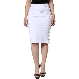 White Cotton Stretch High Waist Pencil Cut Knee Length Skirt