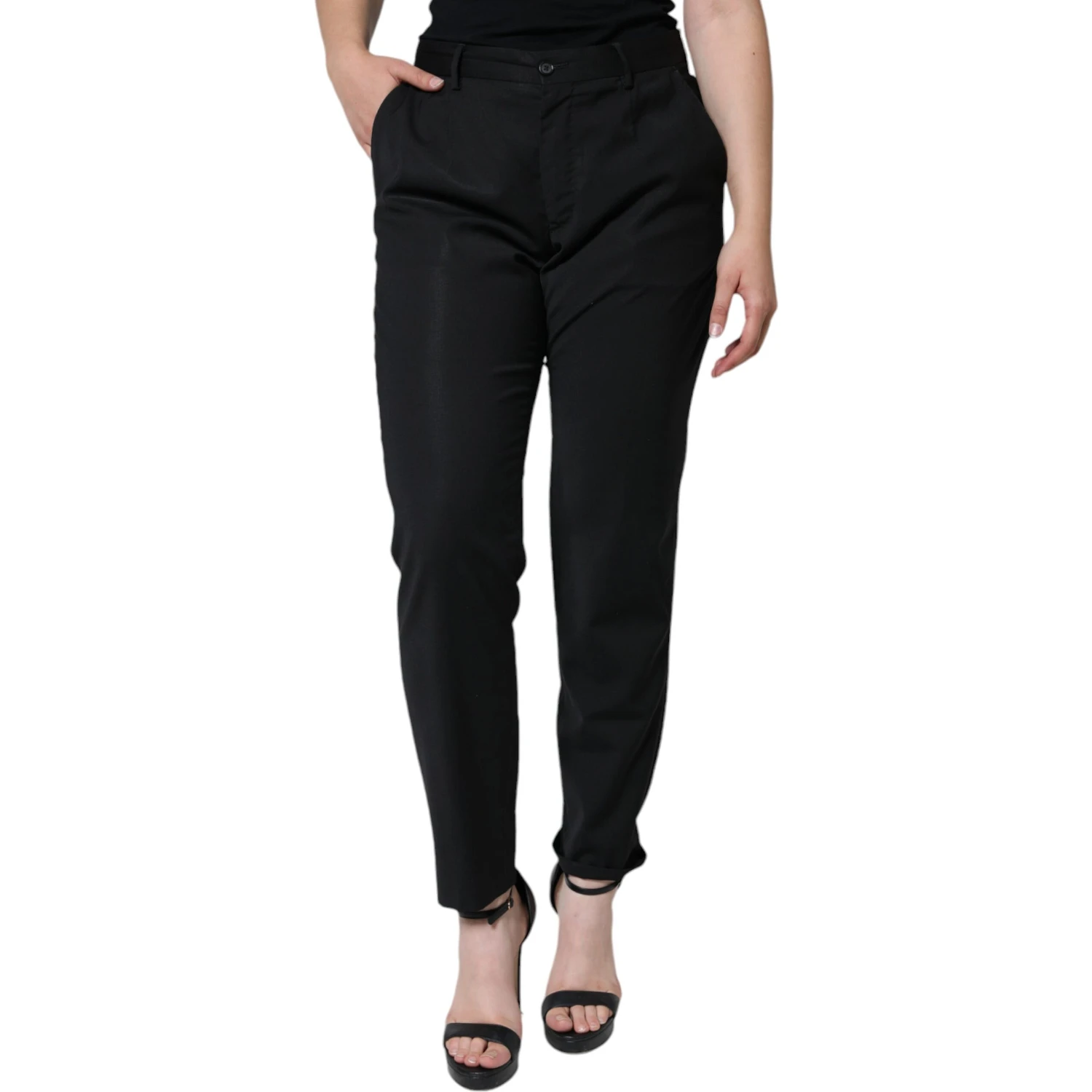 Black Polyester High Waist Tapered Pants