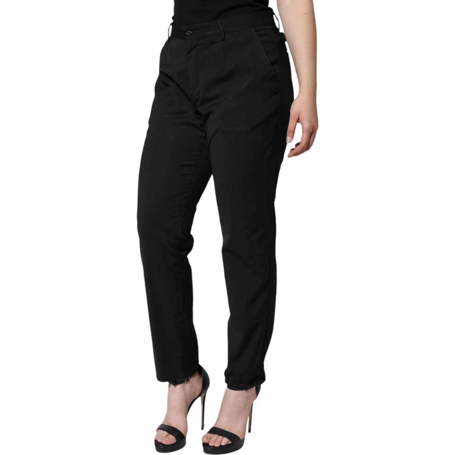 Black Polyester High Waist Tapered Pants