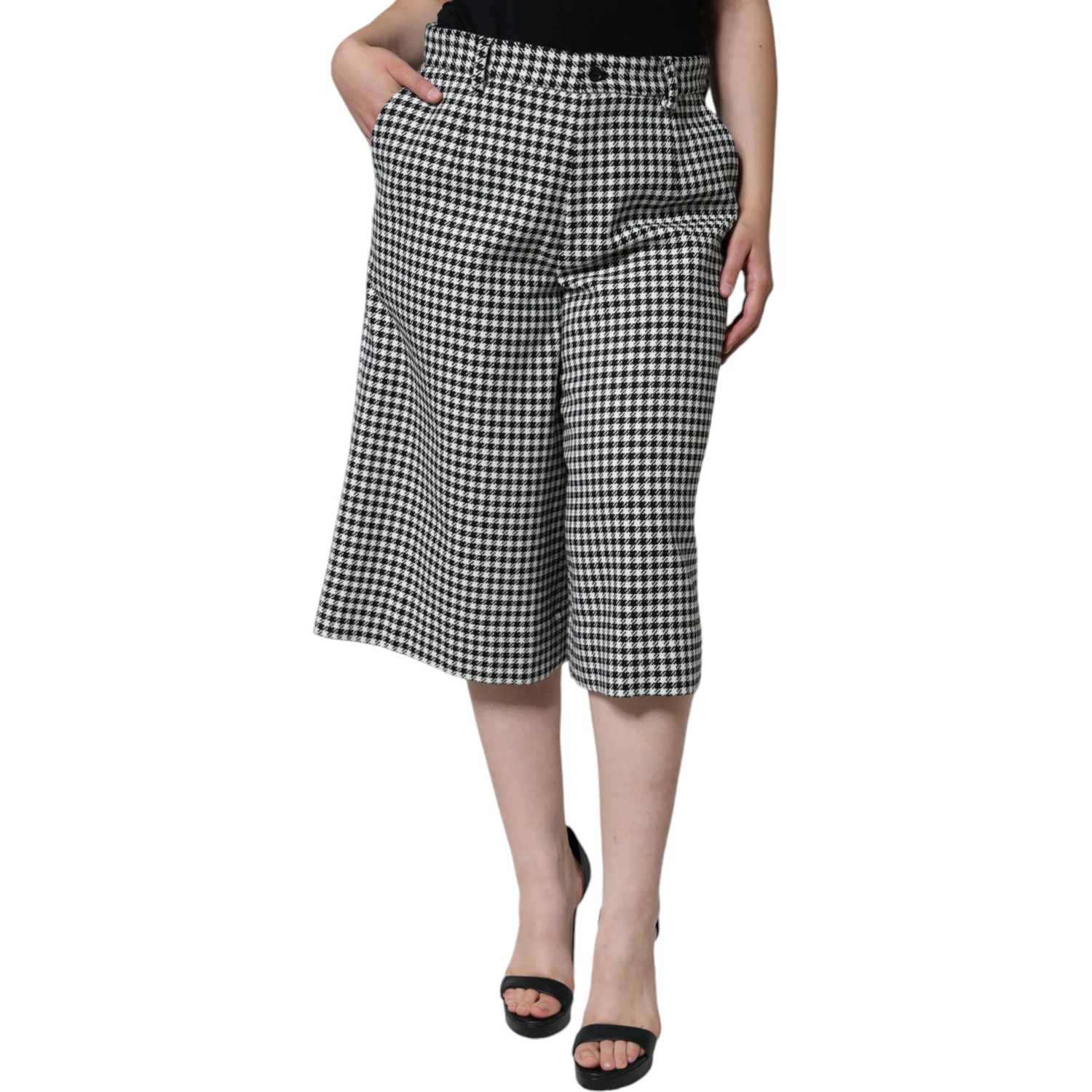 Black White Houndstooth Cropped Wide Leg Pants