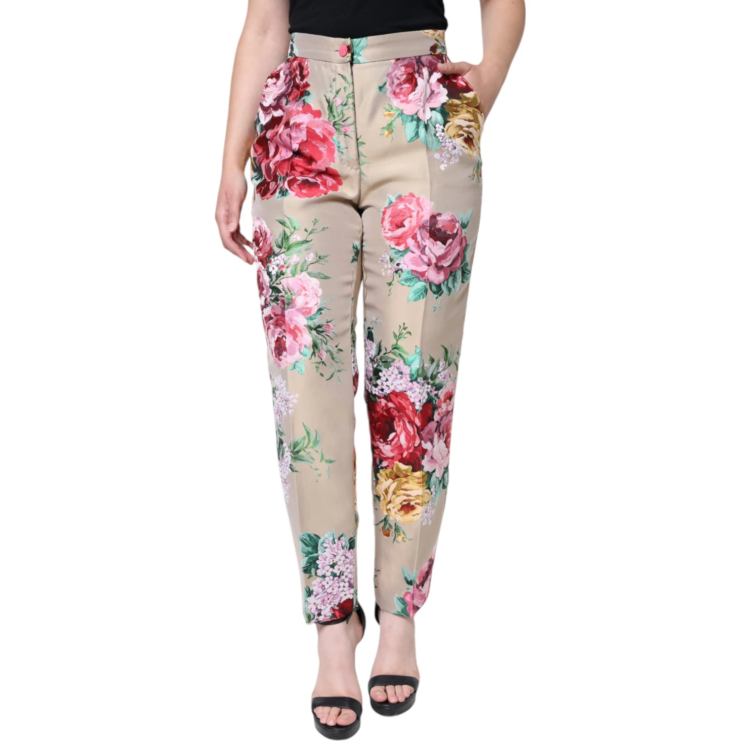 Beige Floral Jacquard High Waist Tapered Pants