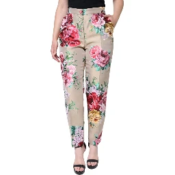 Beige Floral Jacquard High Waist Tapered Pants