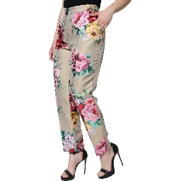 Beige Floral Jacquard High Waist Tapered Pants