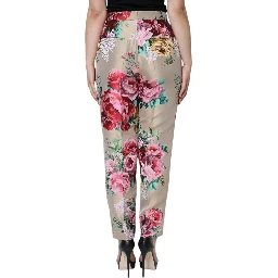 Beige Floral Jacquard High Waist Tapered Pants
