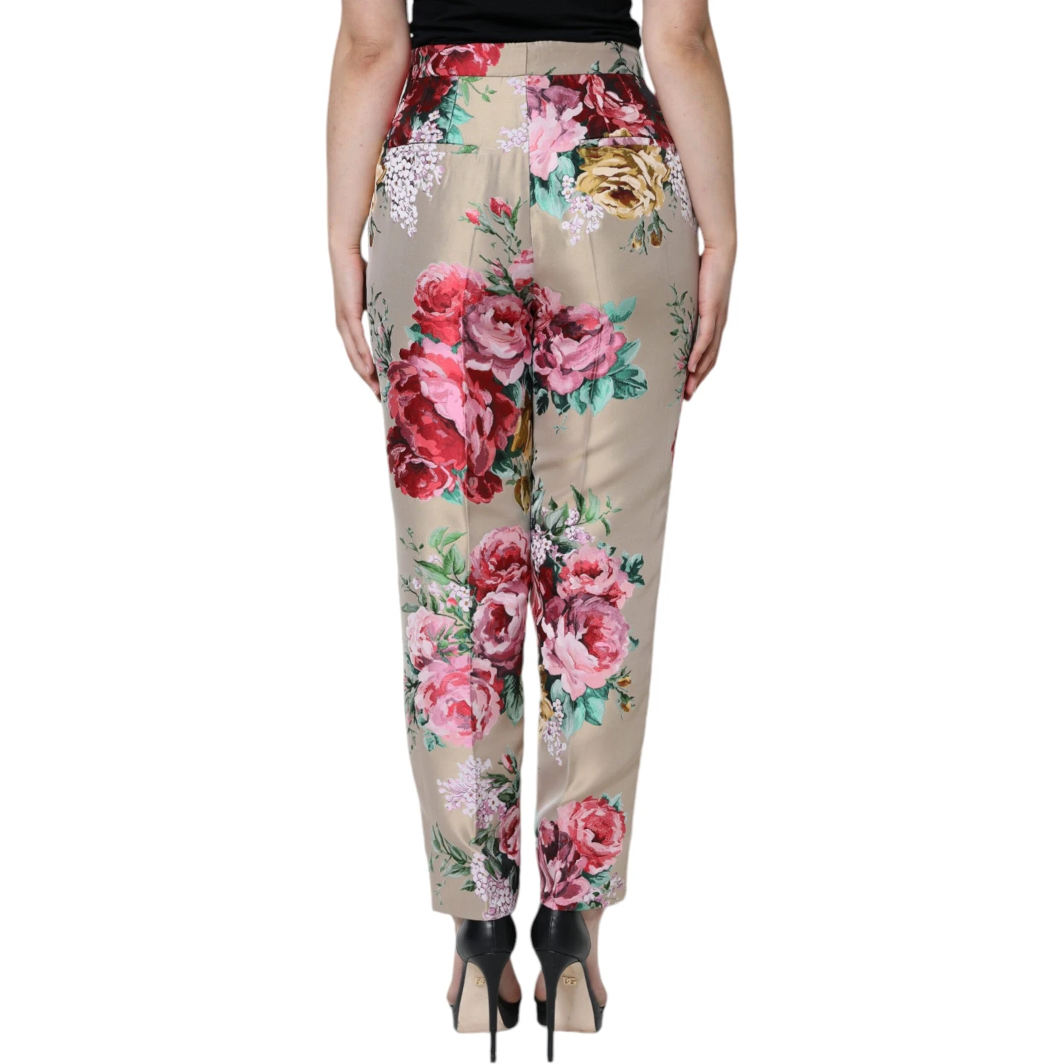 Beige Floral Jacquard High Waist Tapered Pants