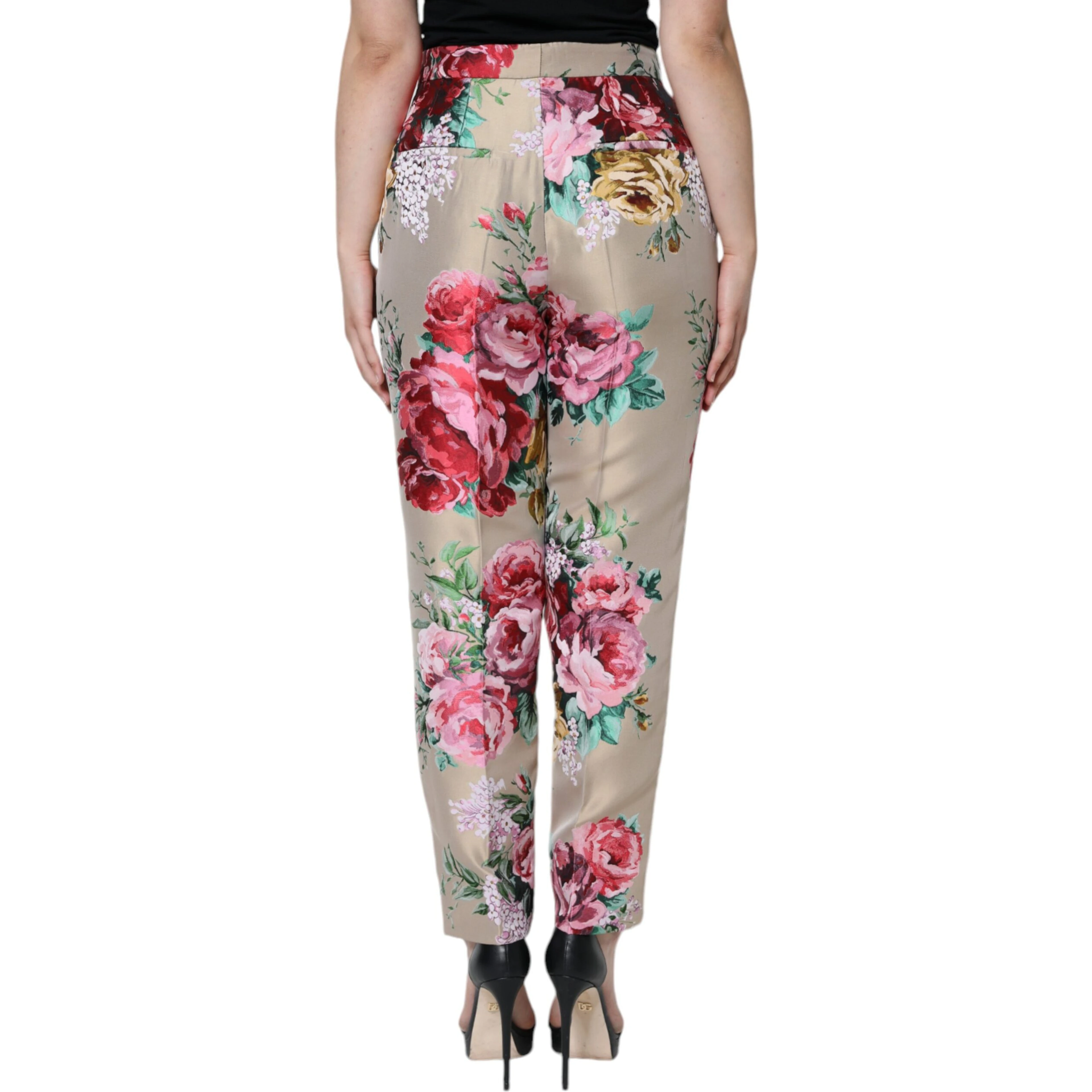 Beige Floral Jacquard High Waist Tapered Pants