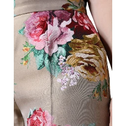 Beige Floral Jacquard High Waist Tapered Pants