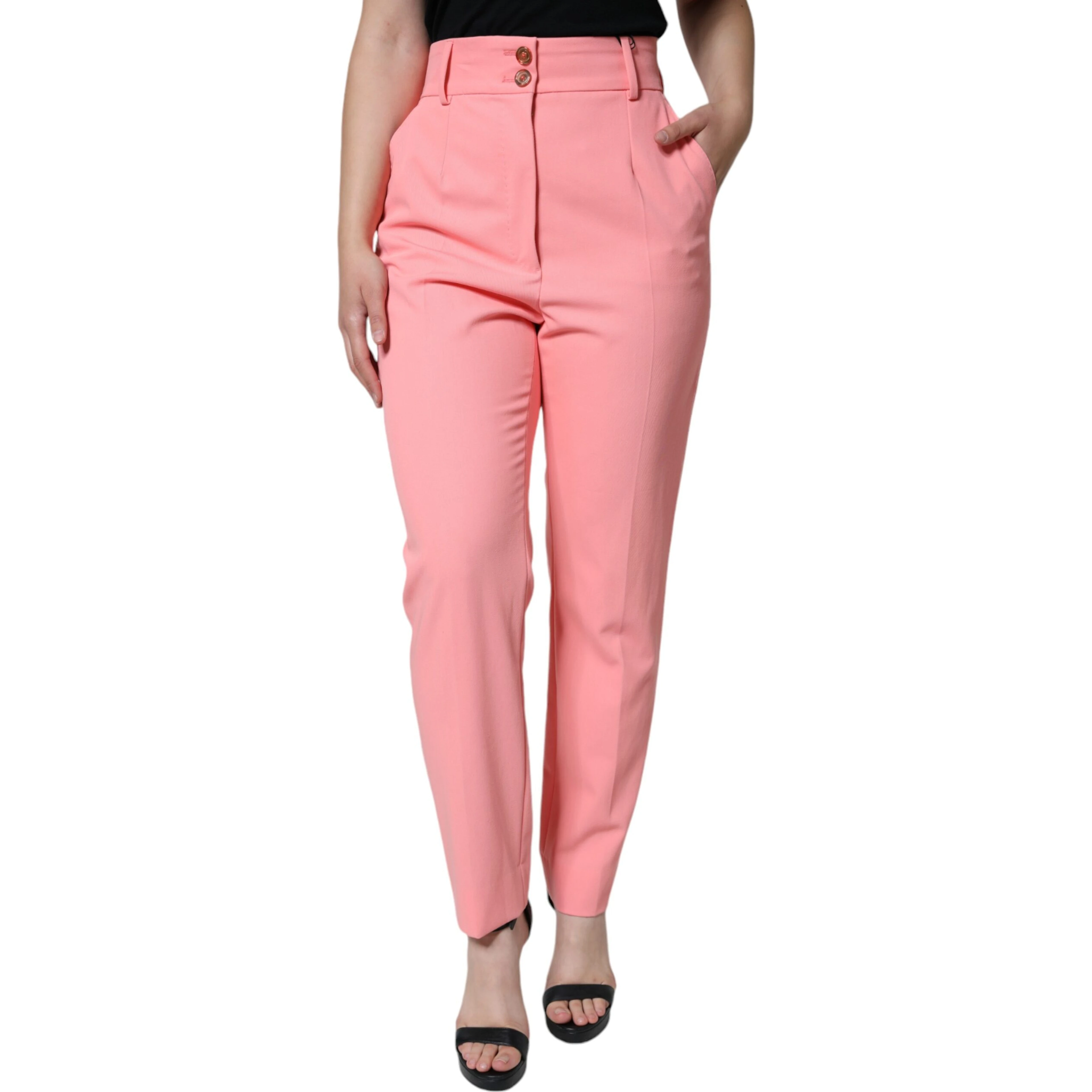 Rose Pink Polyester High Waist Tapered Pants