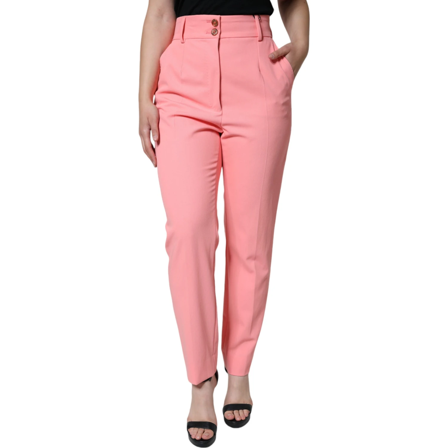 Rose Pink Polyester High Waist Tapered Pants