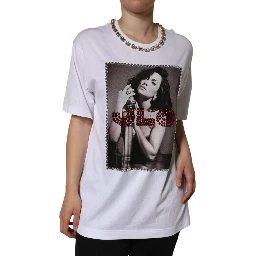 White Crystal Neckline Embellished Printed T-shirt