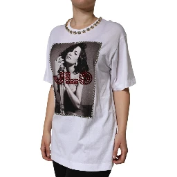 White Crystal Neckline Embellished Printed T-shirt