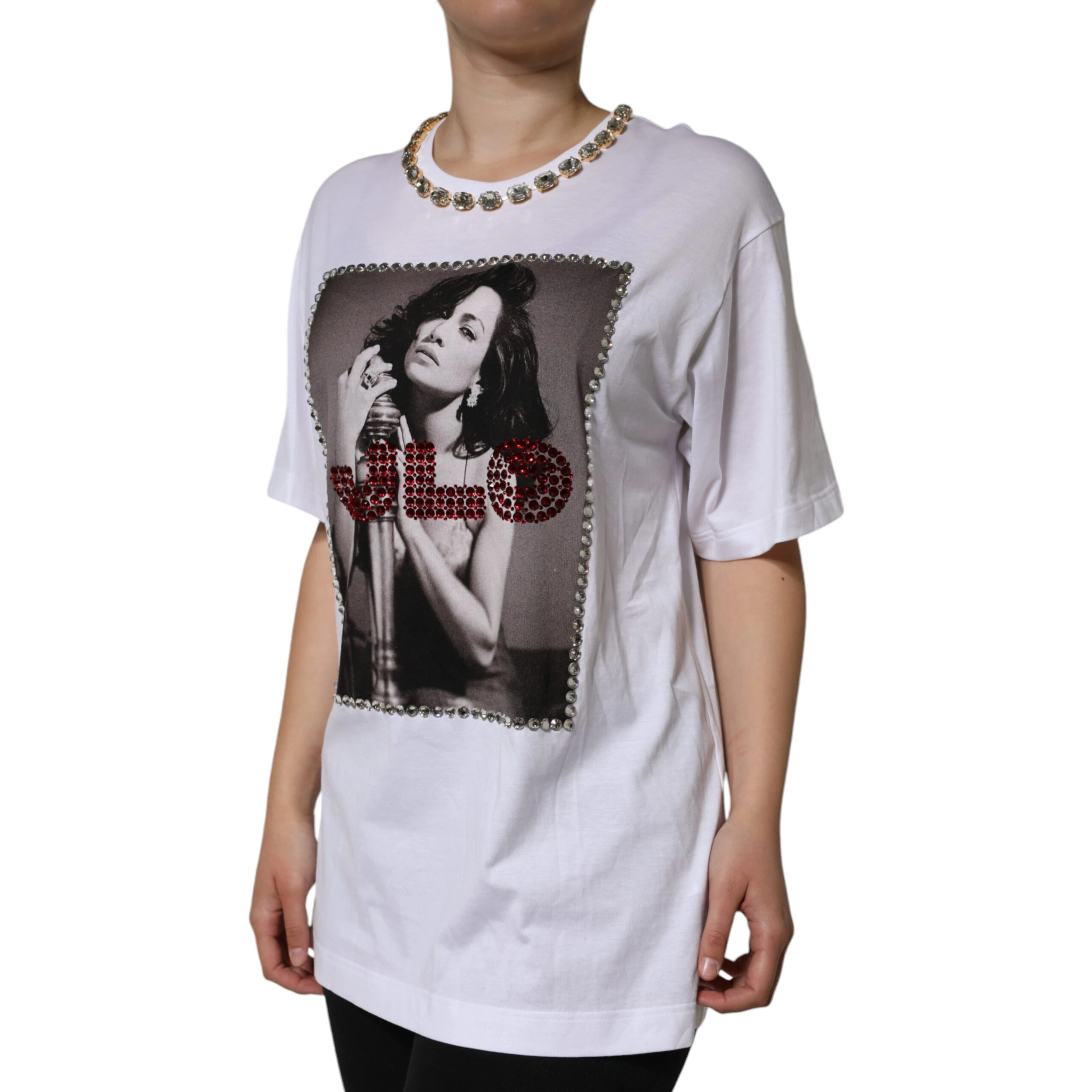 White Crystal Neckline Embellished Printed T-shirt