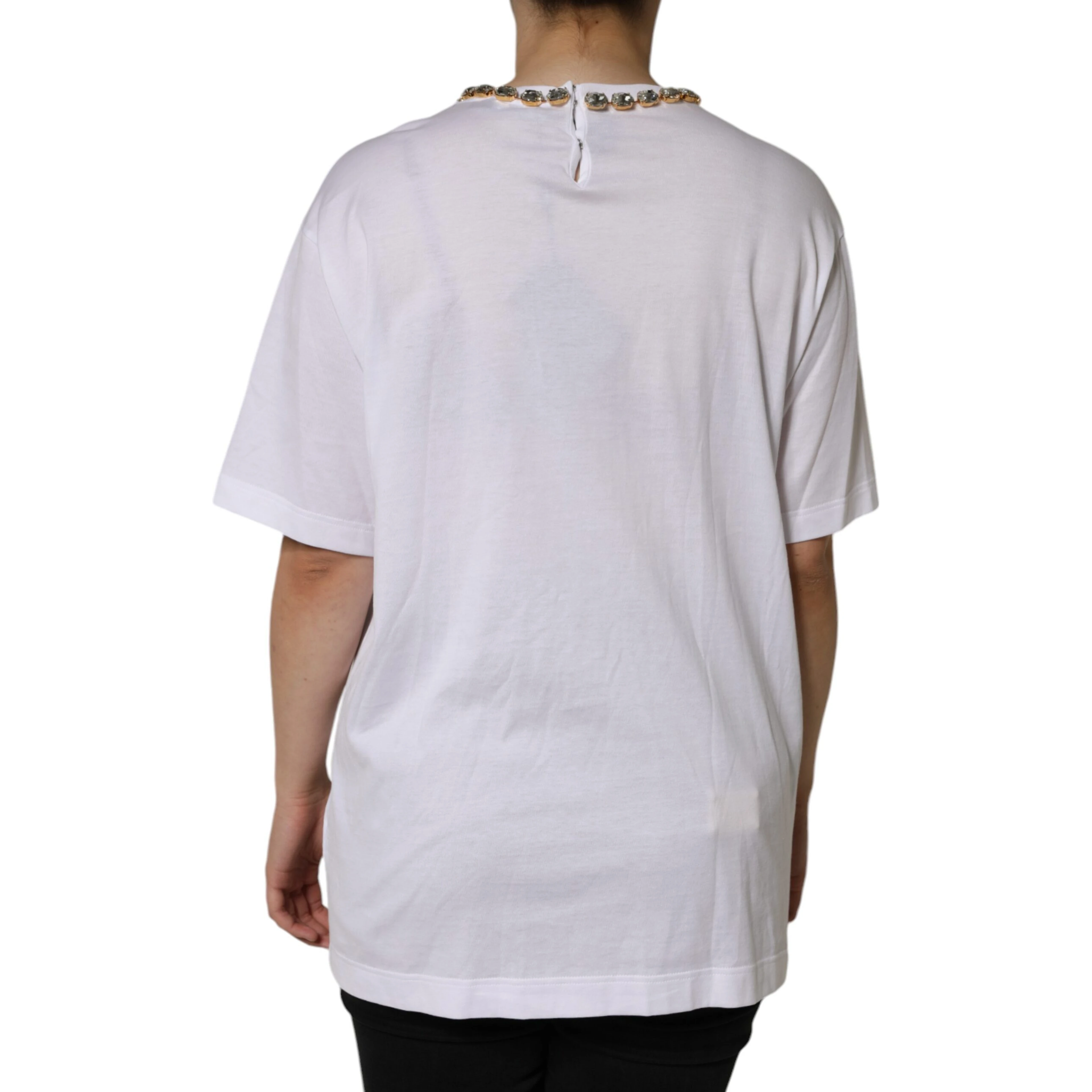 White Crystal Neckline Embellished Printed T-shirt