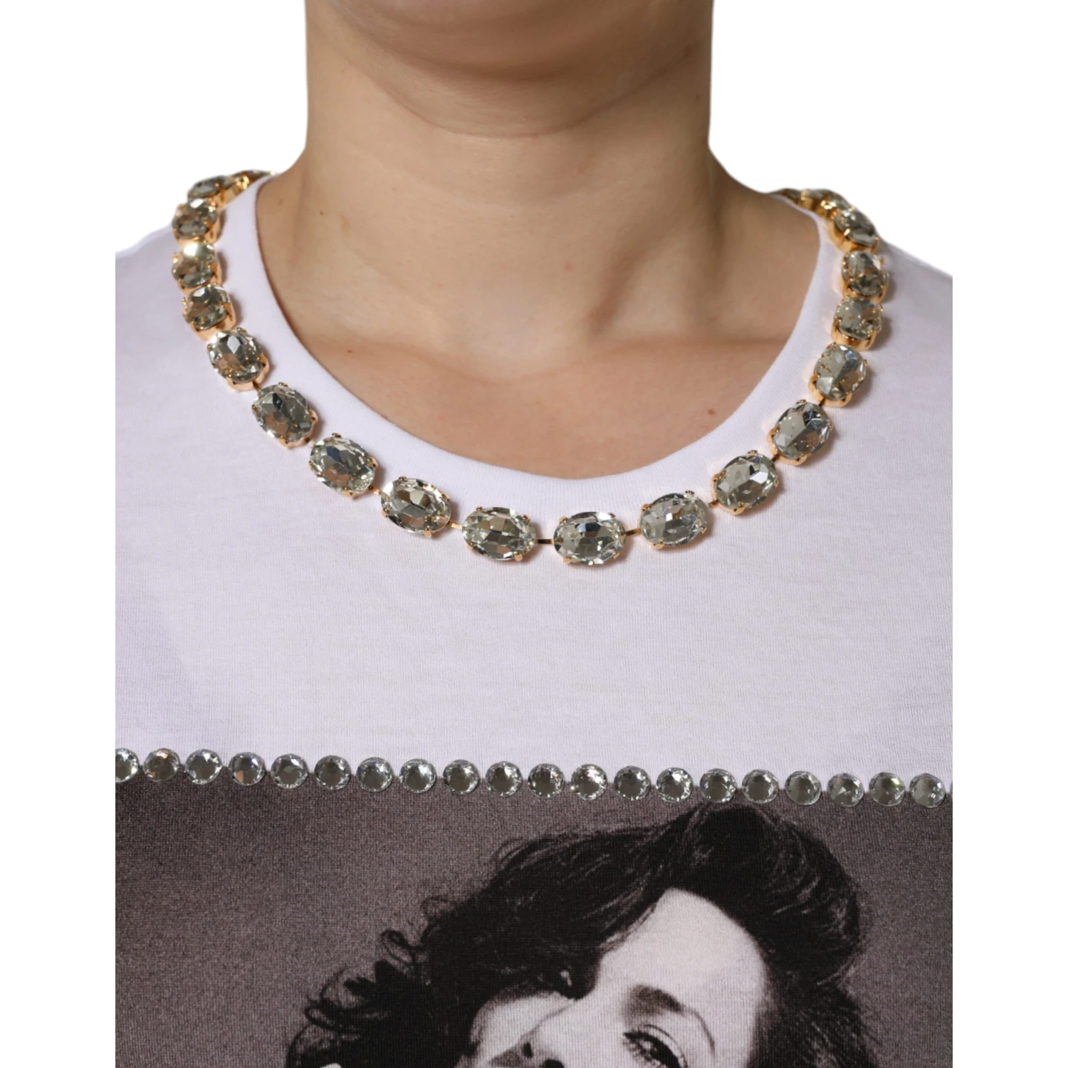 White Crystal Neckline Embellished Printed T-shirt