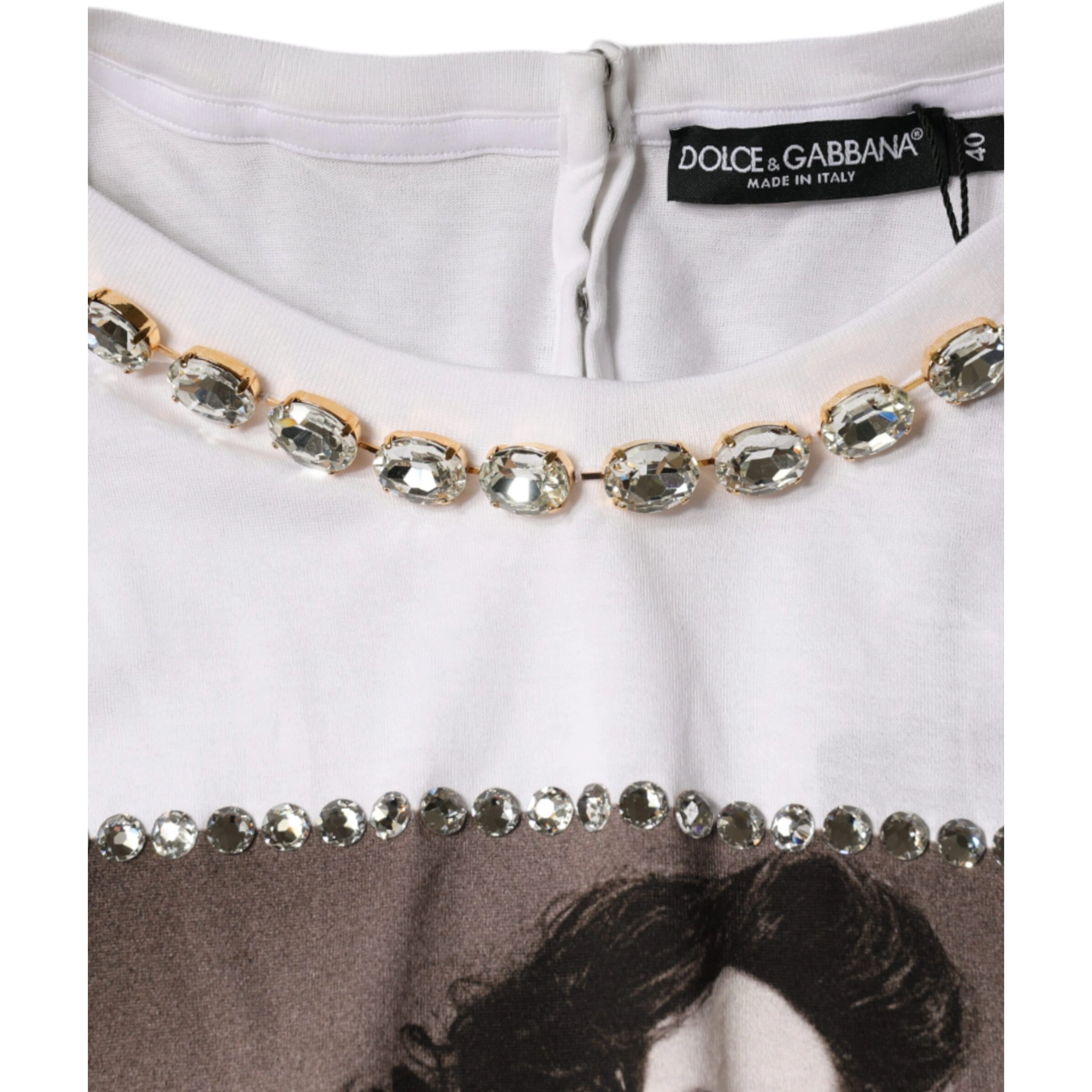 White Crystal Neckline Embellished Printed T-shirt
