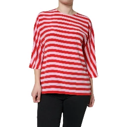 White Red Striped Silk Round Neck T-shirt