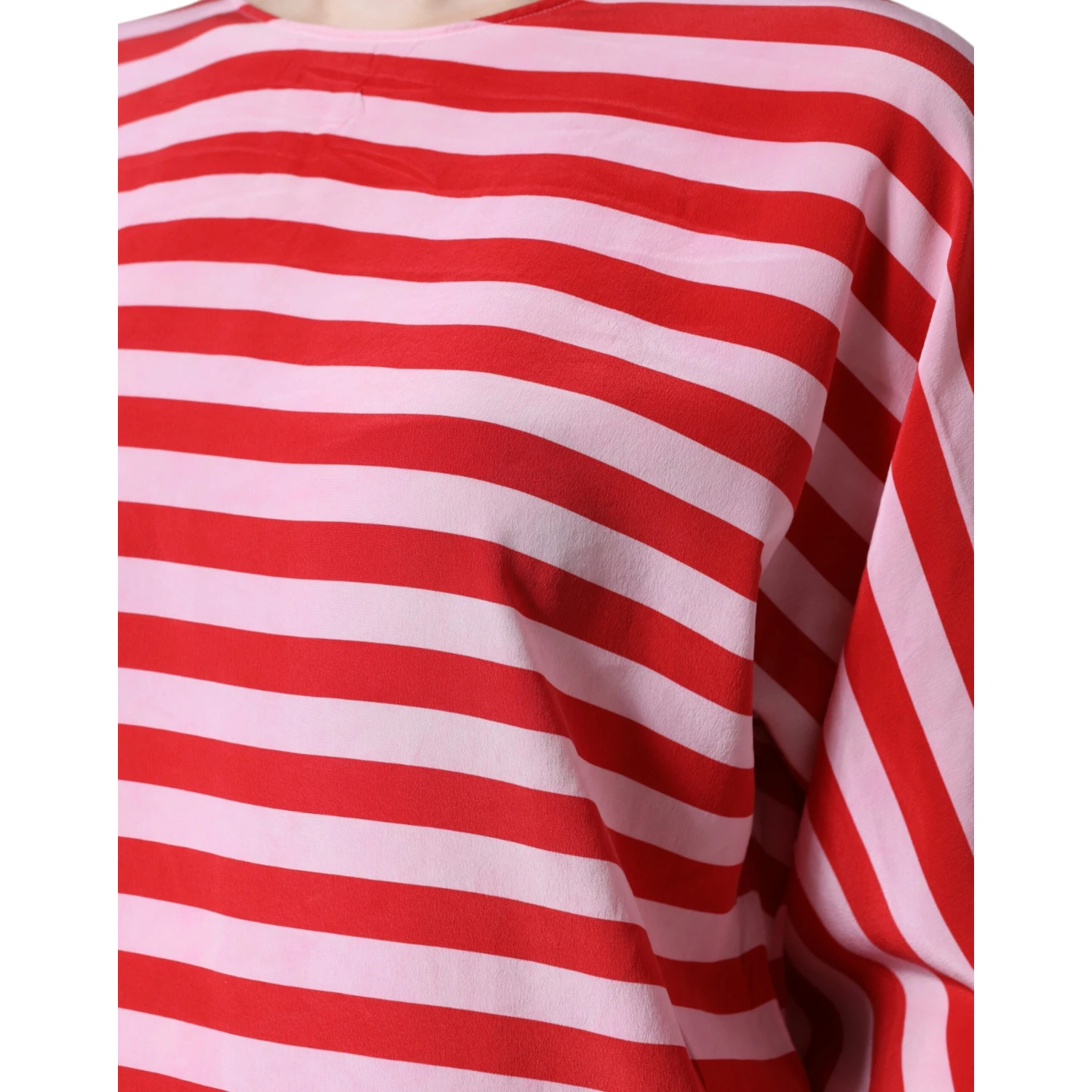 White Red Striped Silk Round Neck T-shirt