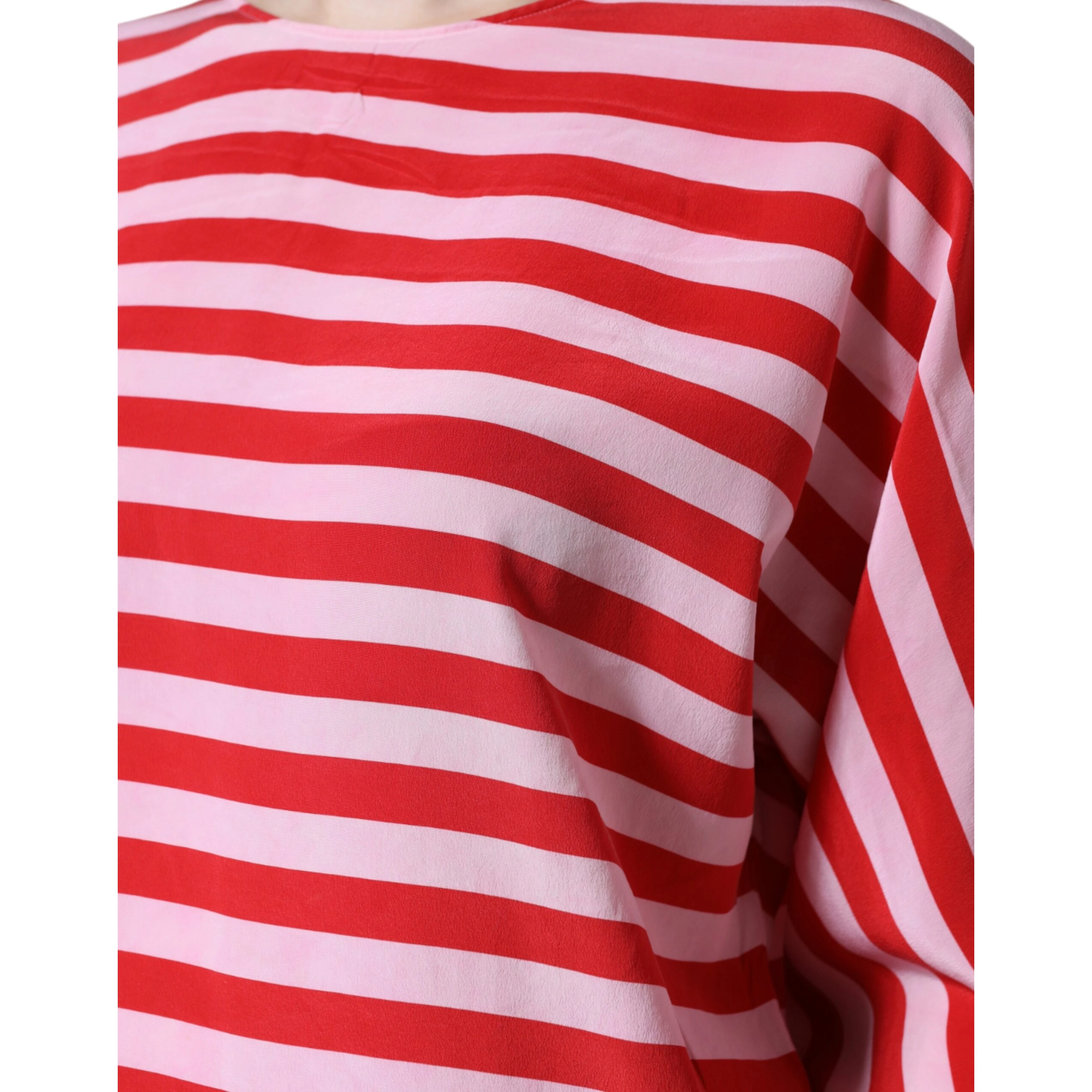 White Red Striped Silk Round Neck T-shirt