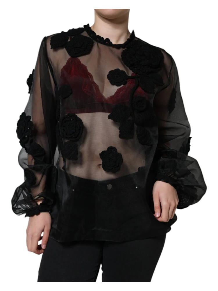 Black Nylon Mesh Transparent Floral Blouse alternative