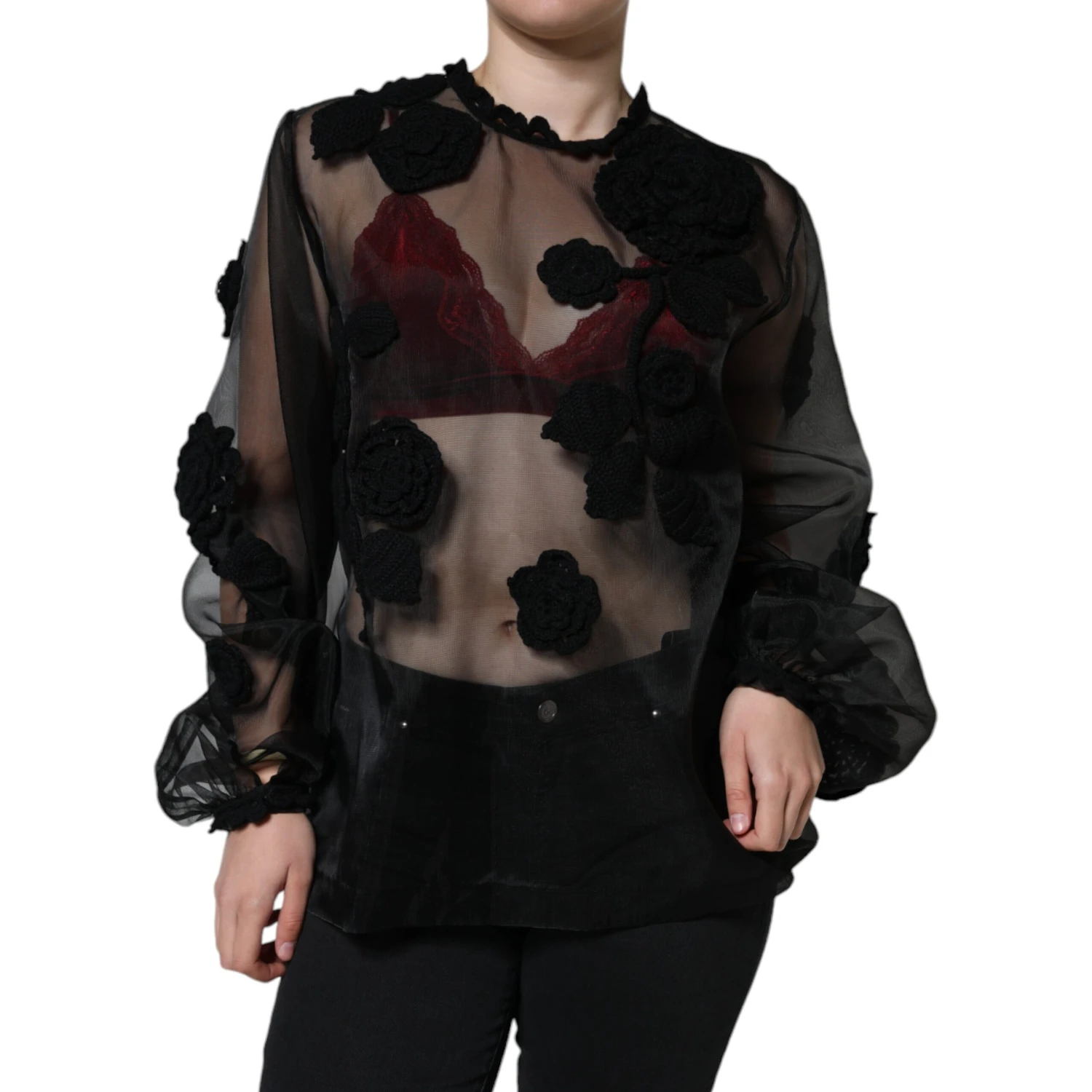 Black Nylon Mesh Transparent Floral Blouse