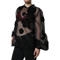 Black Nylon Mesh Transparent Floral Blouse