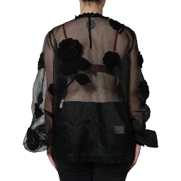 Black Nylon Mesh Transparent Floral Blouse