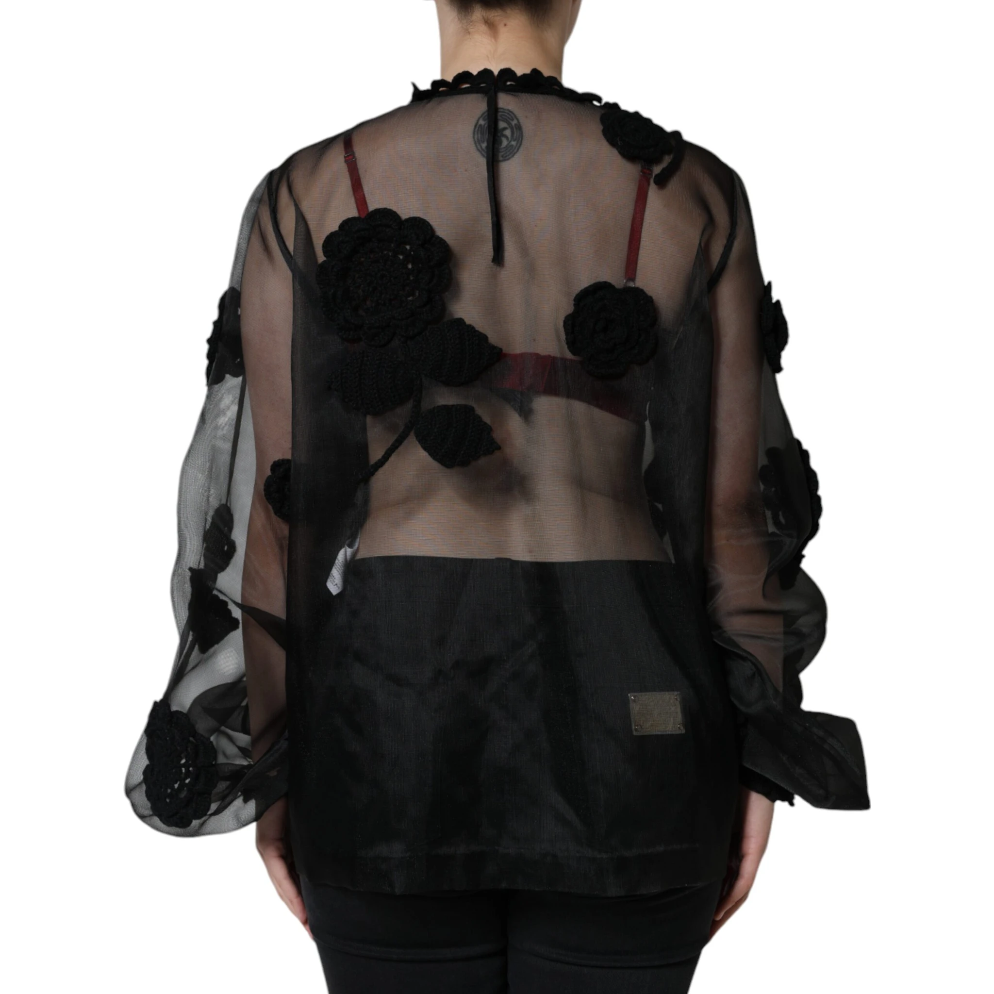 Black Nylon Mesh Transparent Floral Blouse