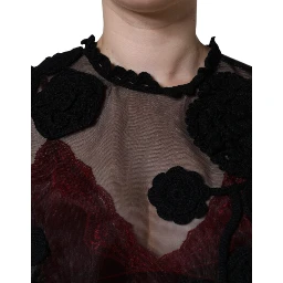 Black Nylon Mesh Transparent Floral Blouse